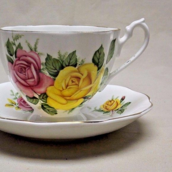 Queen Anne Fine Bone China England Yellow and Pink Roses Tea Cup and Saucer - Picture 3 of 13